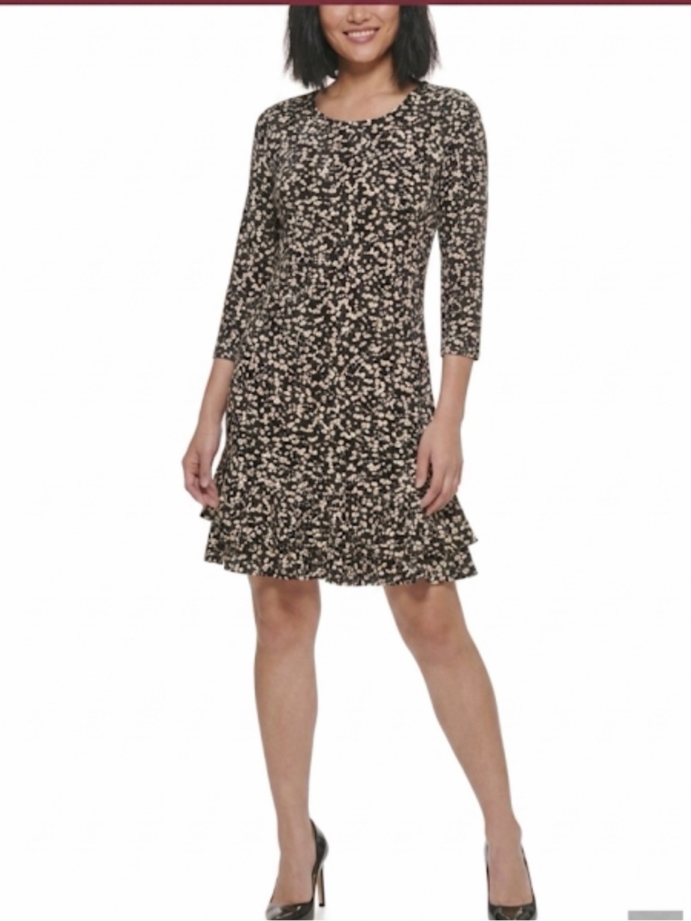 Tommy Hilfiger Black and Cream Long-Sleeve Ruffle-Hem Dress